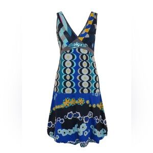 Desigual Pretty Girl Geometric Floral Mixed Sleeveless Bubble Hem Blue Dress XL